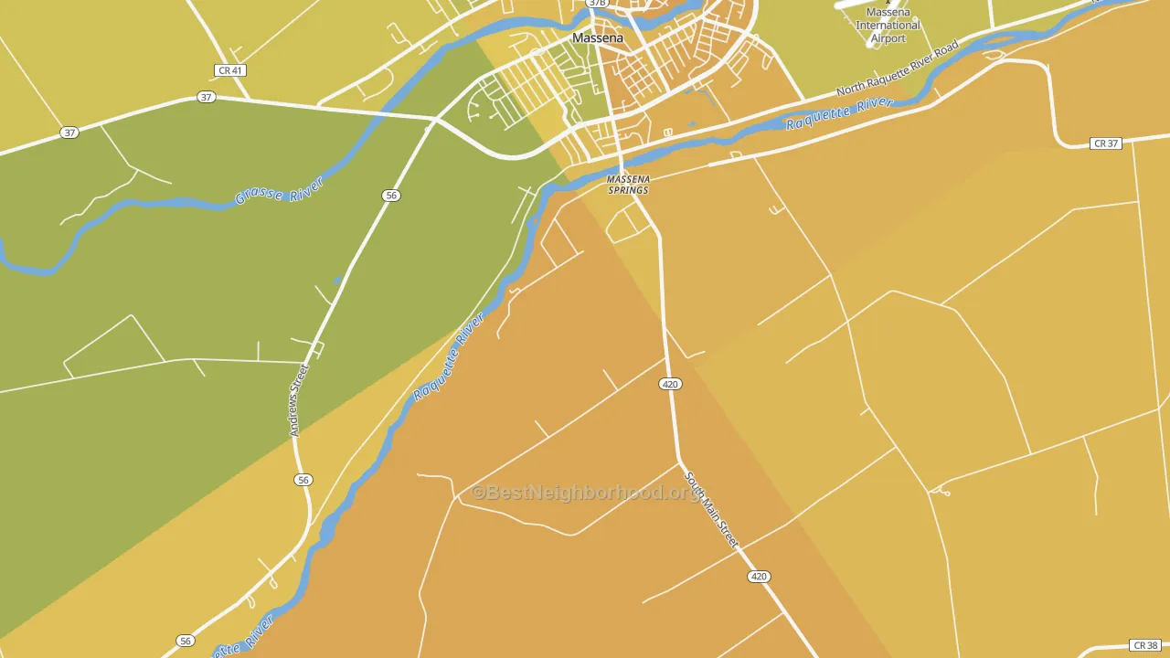 Map of the best neighborhoods in the Massena Springs area, with better matches in green and worse matches in red