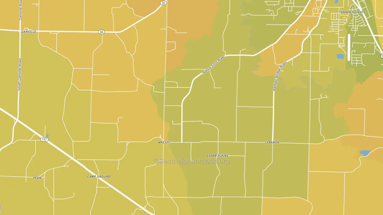 Map of the best neighborhoods in the Massey area, with better matches in green and worse matches in red