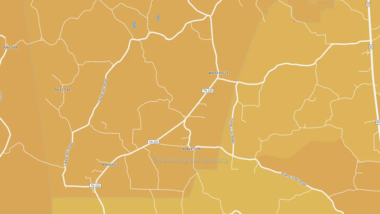 Map of the best neighborhoods in the Masseyville area, with better matches in green and worse matches in red
