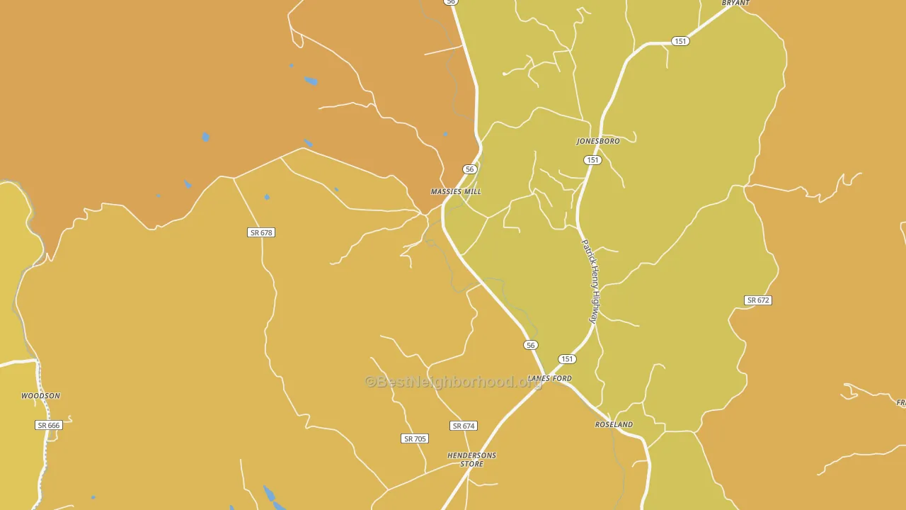 Map of the best neighborhoods in the Massies Mill area, with better matches in green and worse matches in red