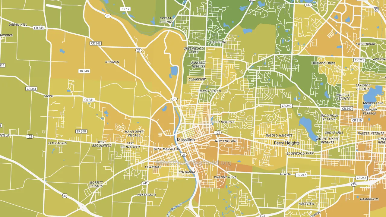 Map of the best neighborhoods in the Massillon area, with better matches in green and worse matches in red