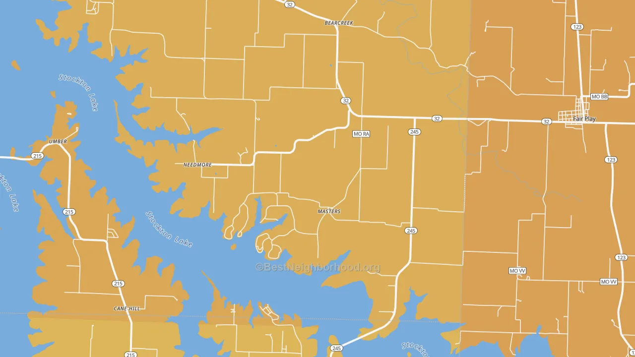 Map of the best neighborhoods in the Masters area, with better matches in green and worse matches in red