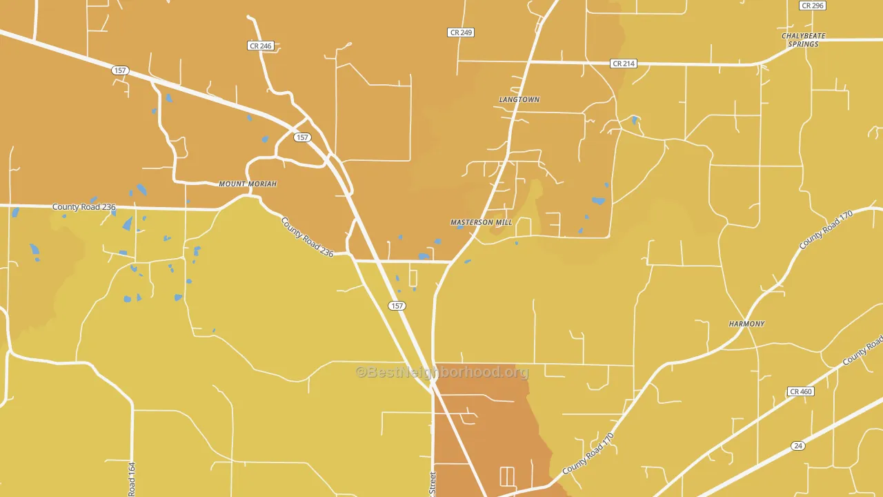 Map of the best neighborhoods in the Masterson Mill area, with better matches in green and worse matches in red