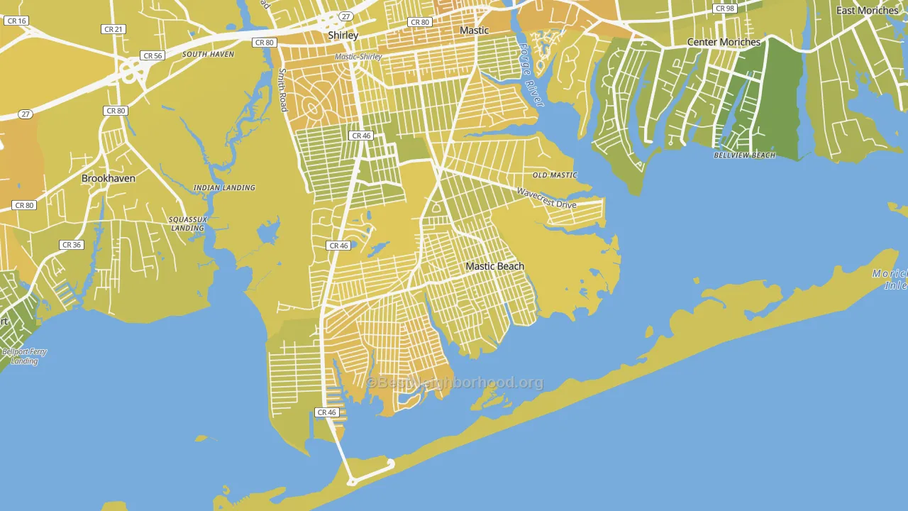 Map of the best neighborhoods in the Mastic Beach area, with better matches in green and worse matches in red