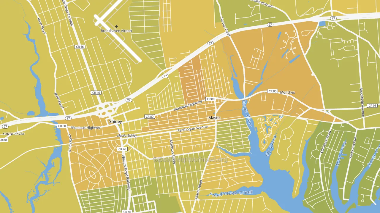 Map of the best neighborhoods in the Mastic area, with better matches in green and worse matches in red