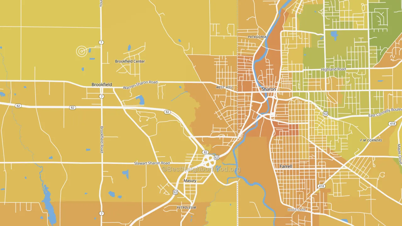 Map of the best neighborhoods in the Masury area, with better matches in green and worse matches in red