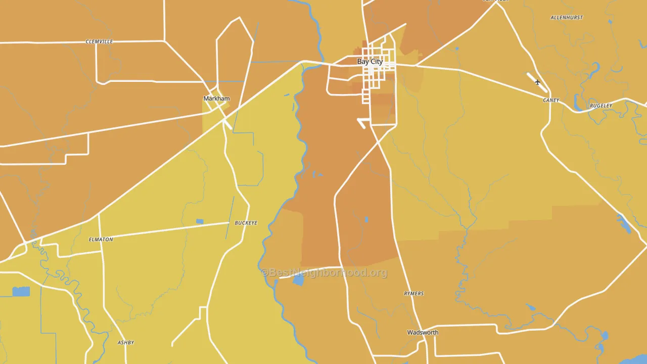Map of the best neighborhoods in the Matagorda County area, with better matches in green and worse matches in red