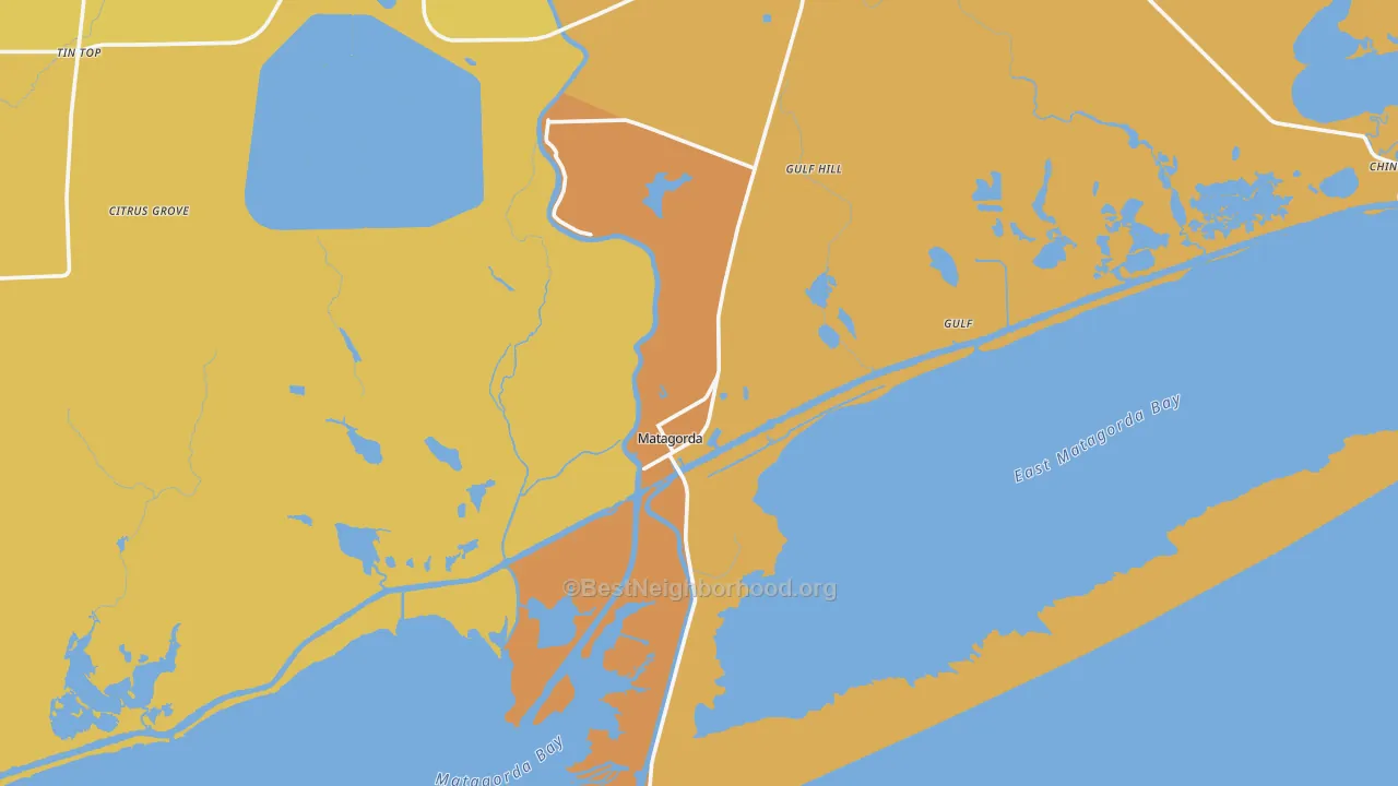 Map of the best neighborhoods in the Matagorda area, with better matches in green and worse matches in red