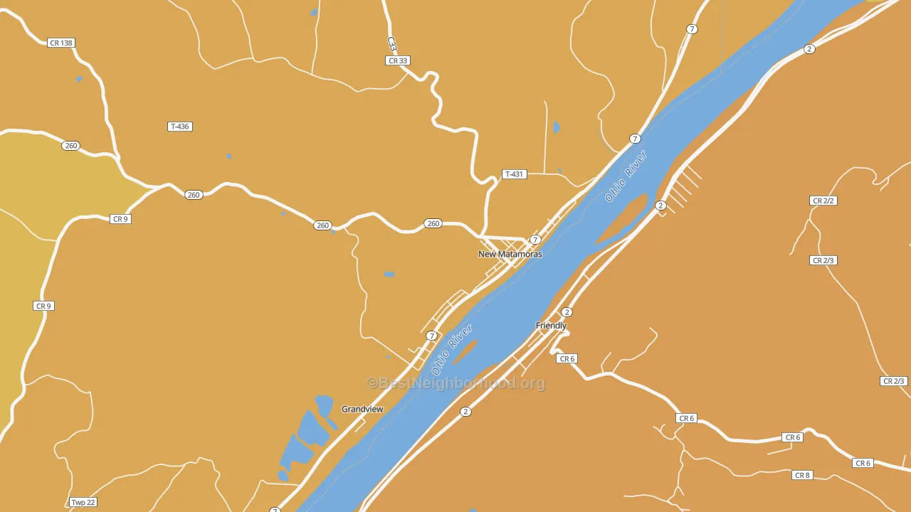 Map of the best neighborhoods in the Matamoras area, with better matches in green and worse matches in red
