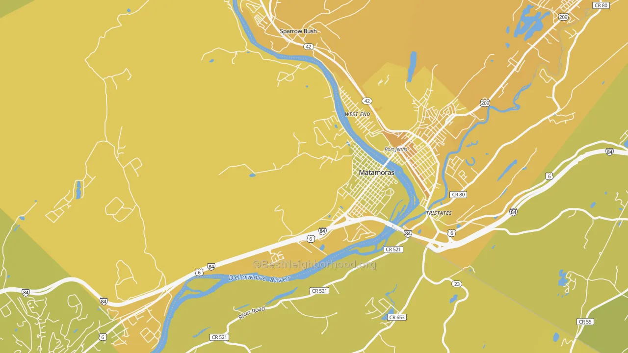 Map of the best neighborhoods in the Matamoras area, with better matches in green and worse matches in red