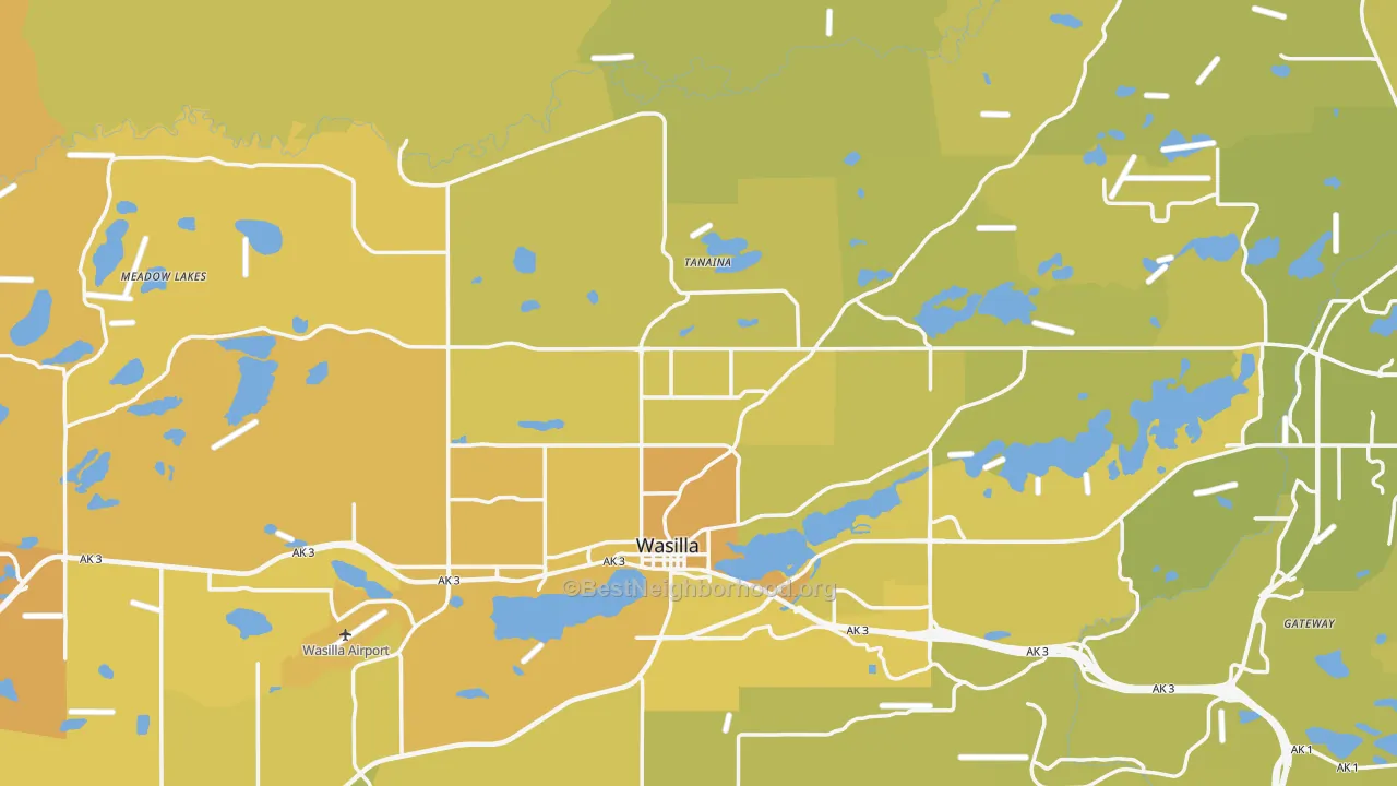 Map of the best neighborhoods in the Matanuska-Susitna Borough area, with better matches in green and worse matches in red
