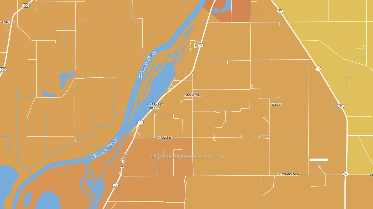 Map of the best neighborhoods in the Matanzas Beach area, with better matches in green and worse matches in red