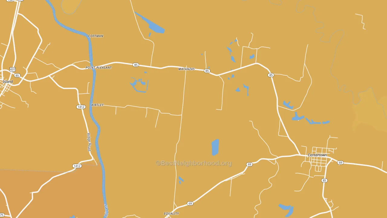 Map of the best neighborhoods in the Matanzas area, with better matches in green and worse matches in red