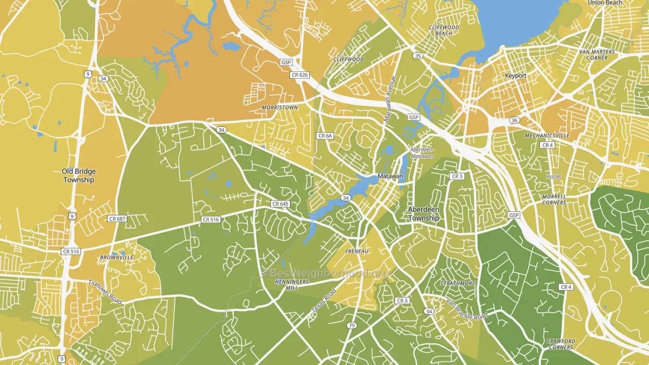 Map of the best neighborhoods in the Matawan area, with better matches in green and worse matches in red