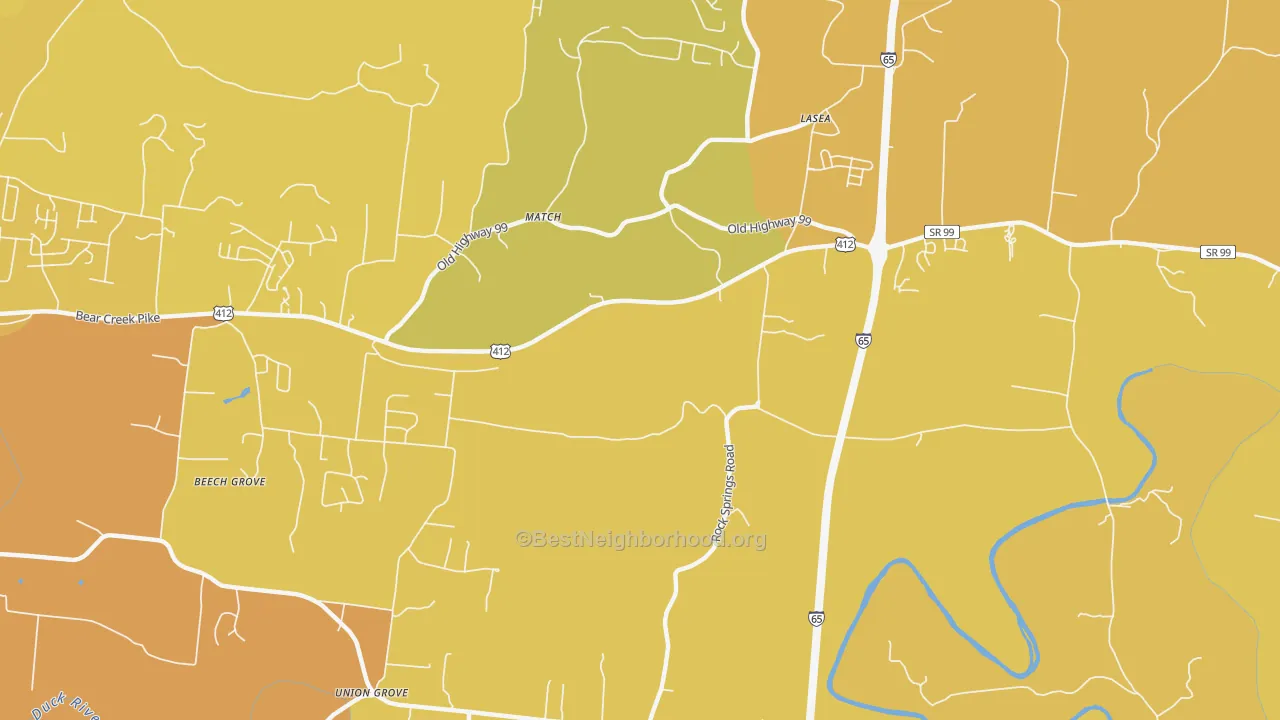 Map of the best neighborhoods in the Match area, with better matches in green and worse matches in red