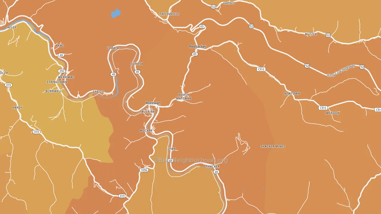 Map of the best neighborhoods in the Matewan area, with better matches in green and worse matches in red