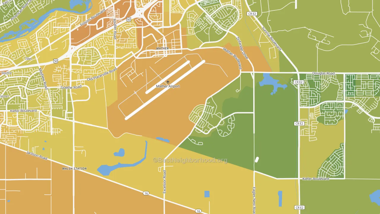 Map of the best neighborhoods in the Mather area, with better matches in green and worse matches in red
