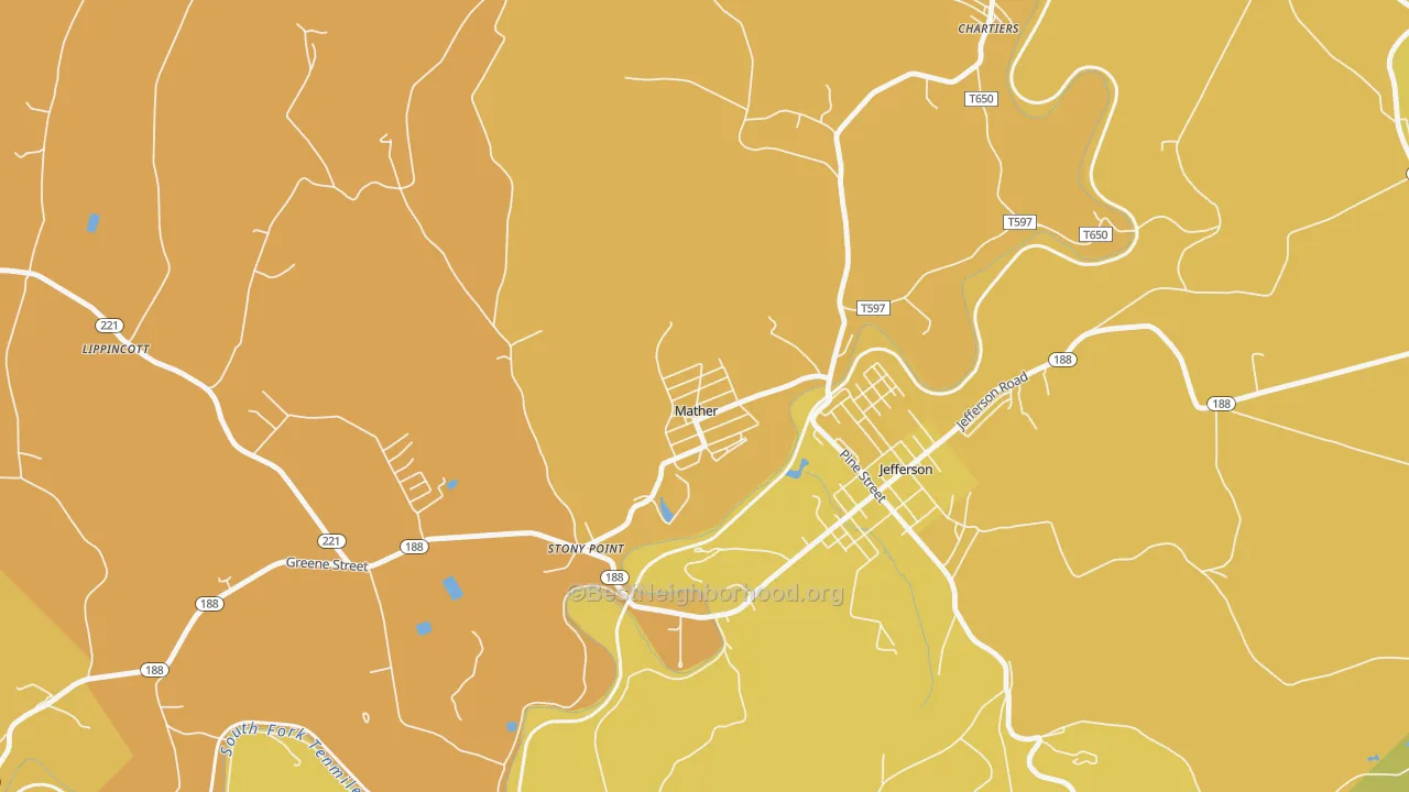 Map of the best neighborhoods in the Mather area, with better matches in green and worse matches in red