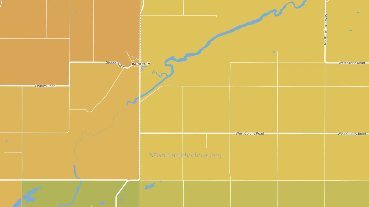 Map of the best neighborhoods in the Matherton area, with better matches in green and worse matches in red
