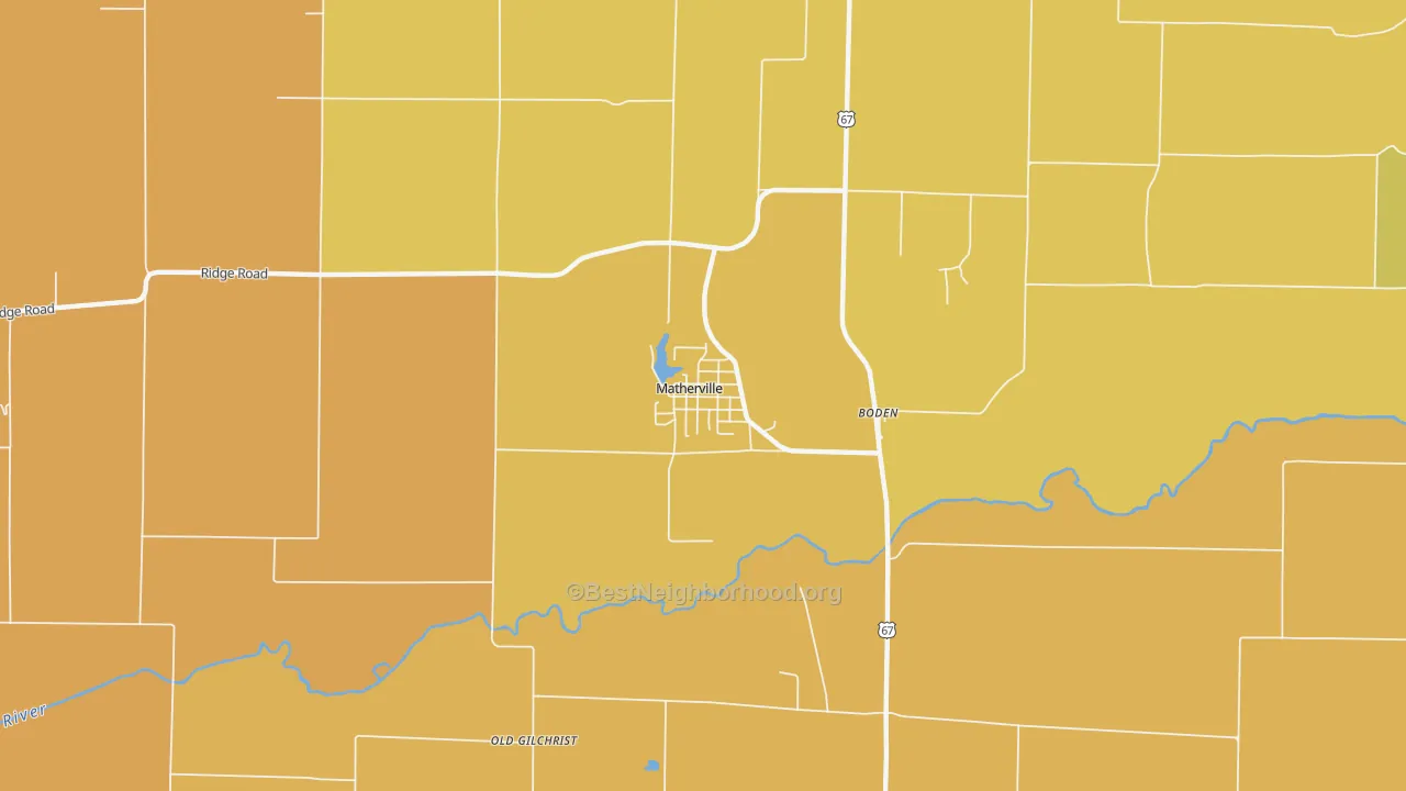 Map of the best neighborhoods in the Matherville area, with better matches in green and worse matches in red
