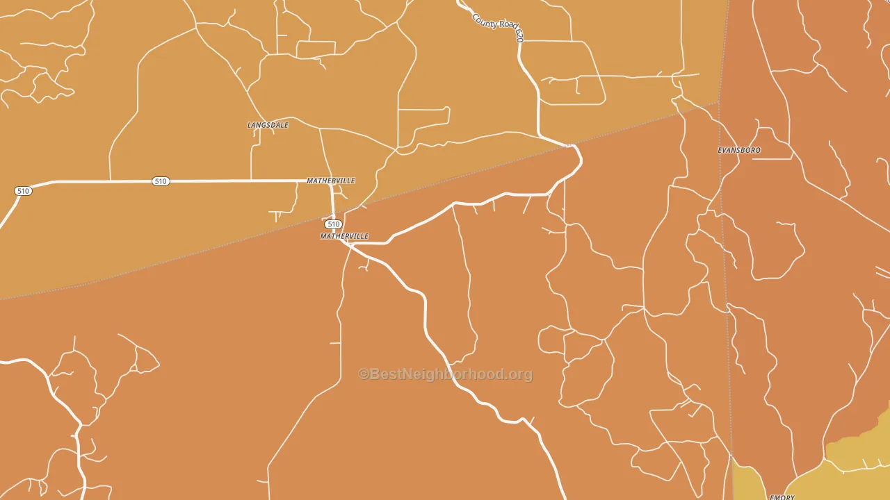 Map of the best neighborhoods in the Matherville area, with better matches in green and worse matches in red