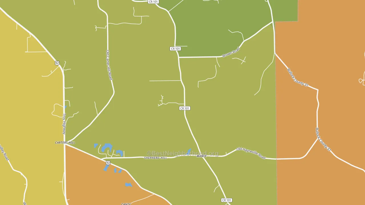 Map of the best neighborhoods in the Mathews area, with better matches in green and worse matches in red