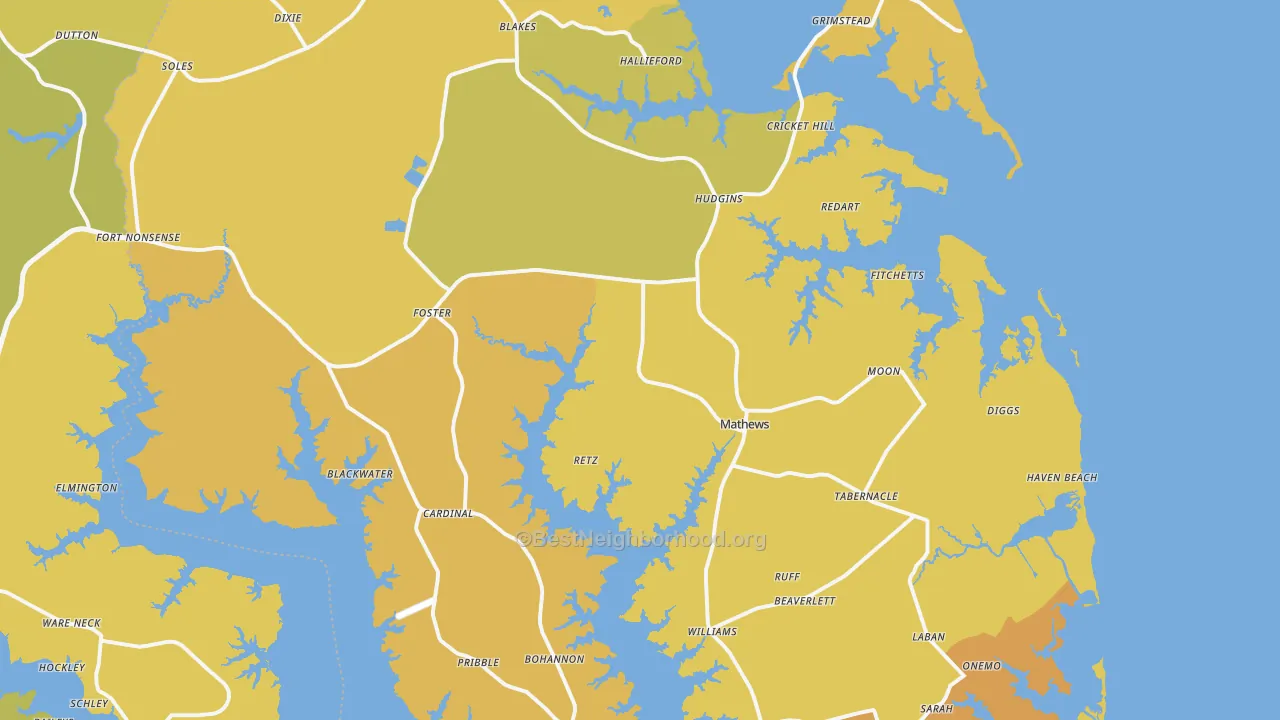 Map of the best neighborhoods in the Mathews County area, with better matches in green and worse matches in red