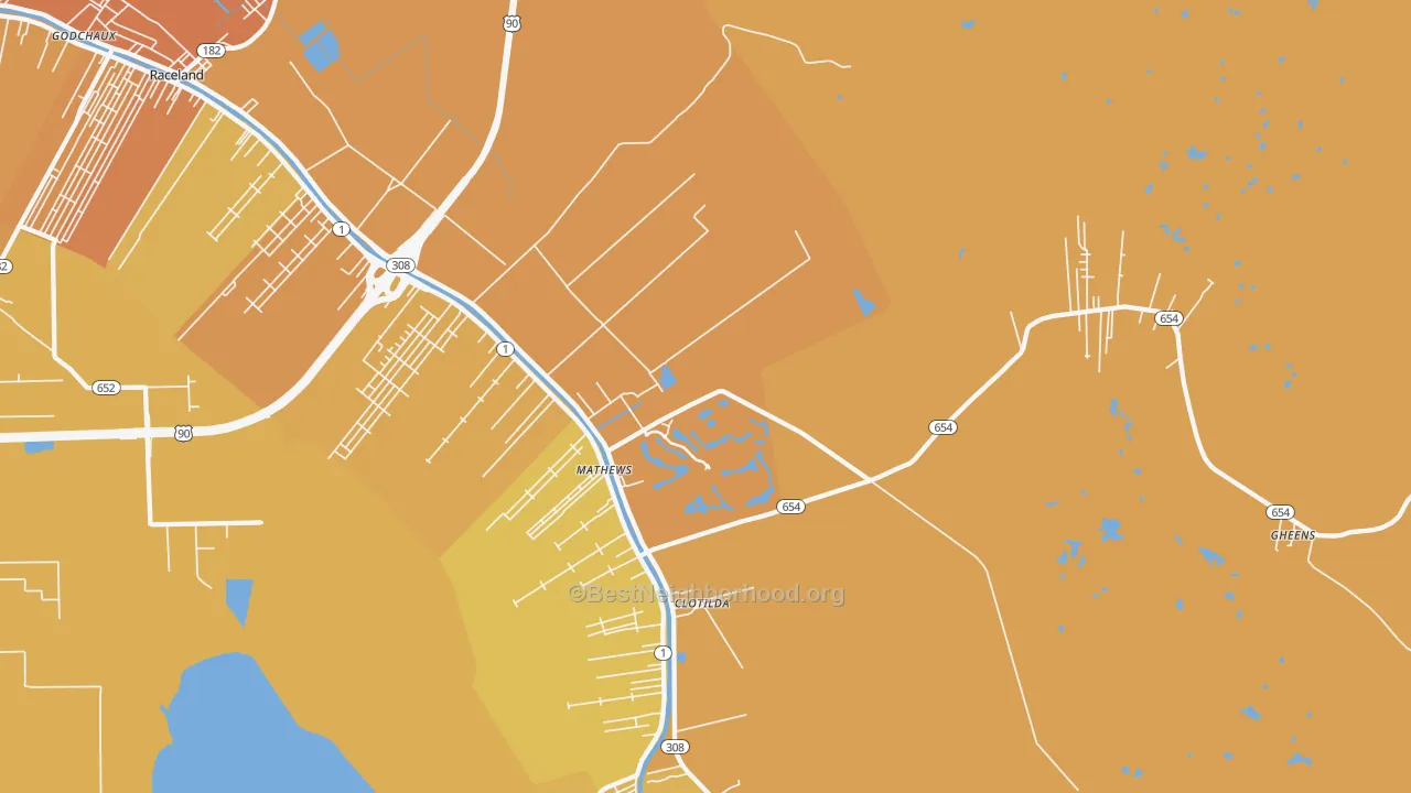 Map of the best neighborhoods in the Mathews area, with better matches in green and worse matches in red
