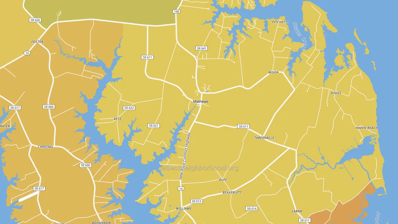 Map of the best neighborhoods in the Mathews area, with better matches in green and worse matches in red