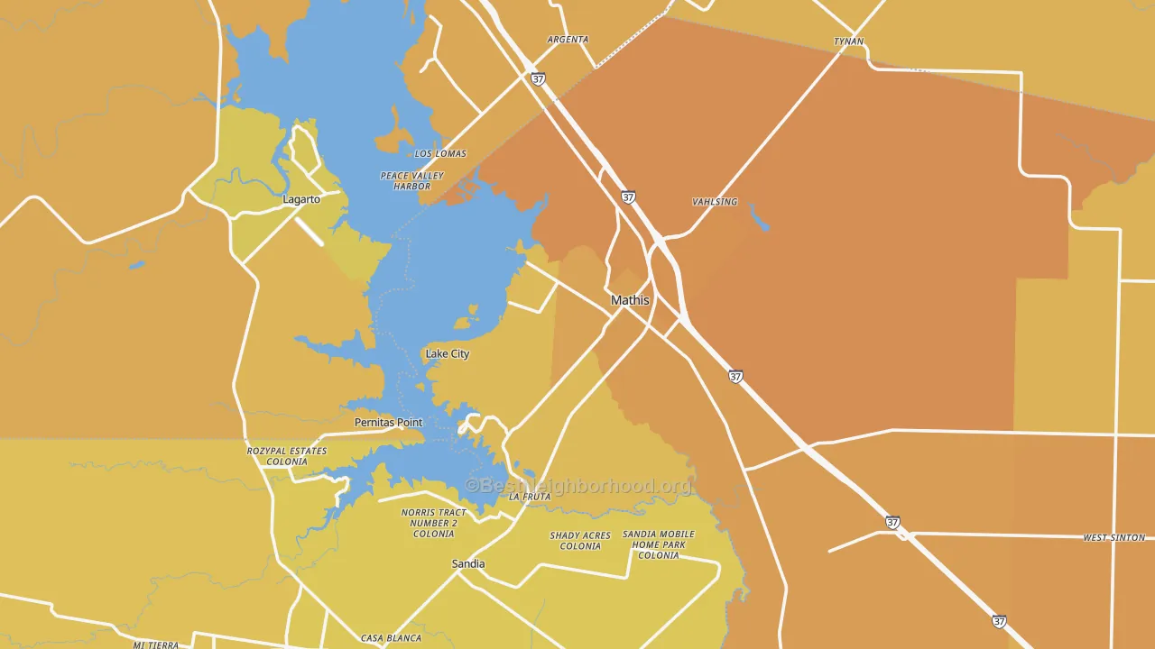 Map of the best neighborhoods in the Mathis area, with better matches in green and worse matches in red