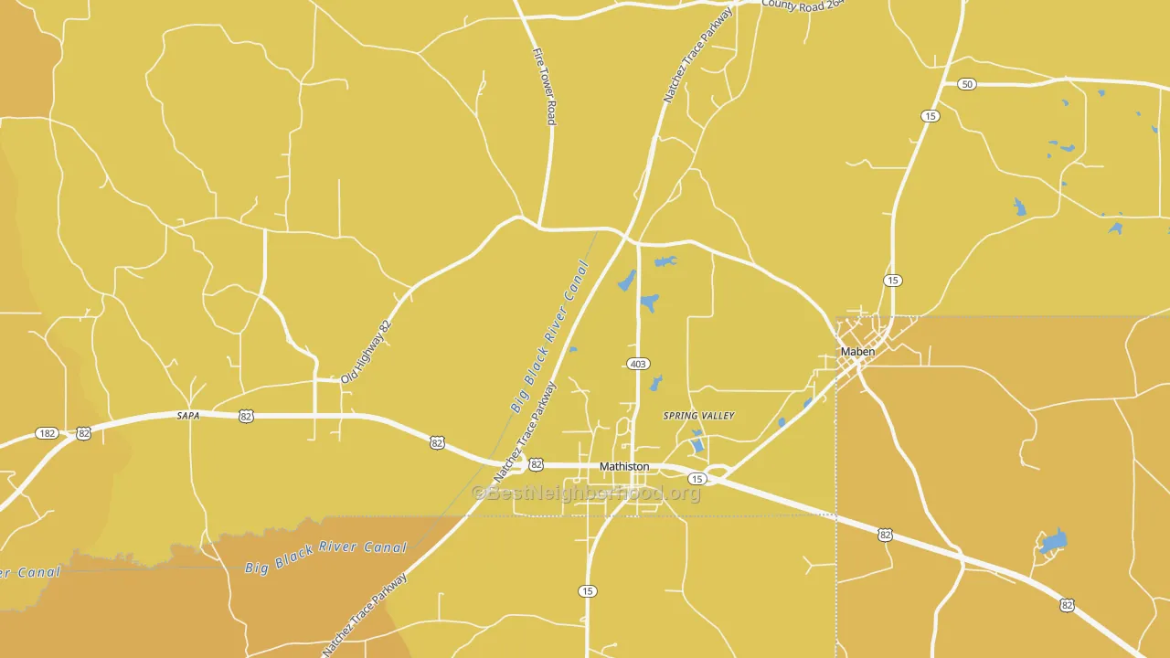 Map of the best neighborhoods in the Mathiston area, with better matches in green and worse matches in red