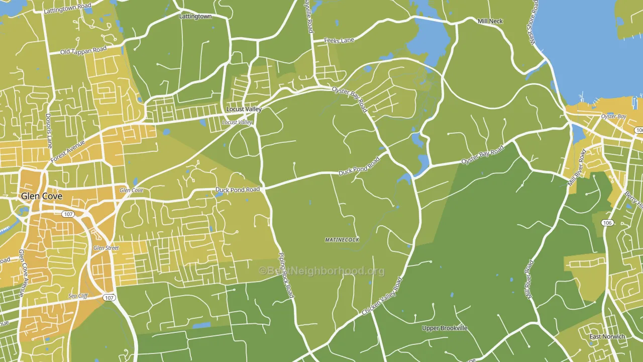 Map of the best neighborhoods in the Matinecock area, with better matches in green and worse matches in red