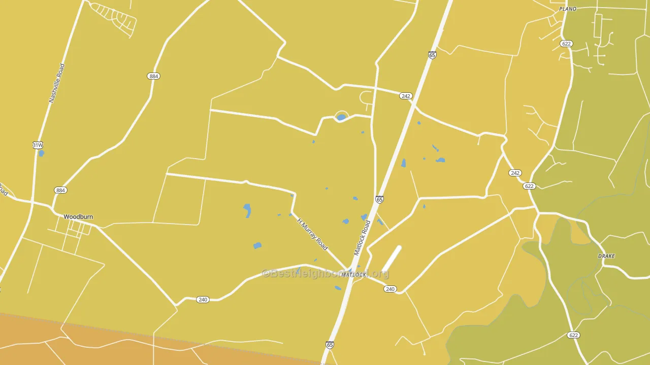 Map of the best neighborhoods in the Matlock area, with better matches in green and worse matches in red