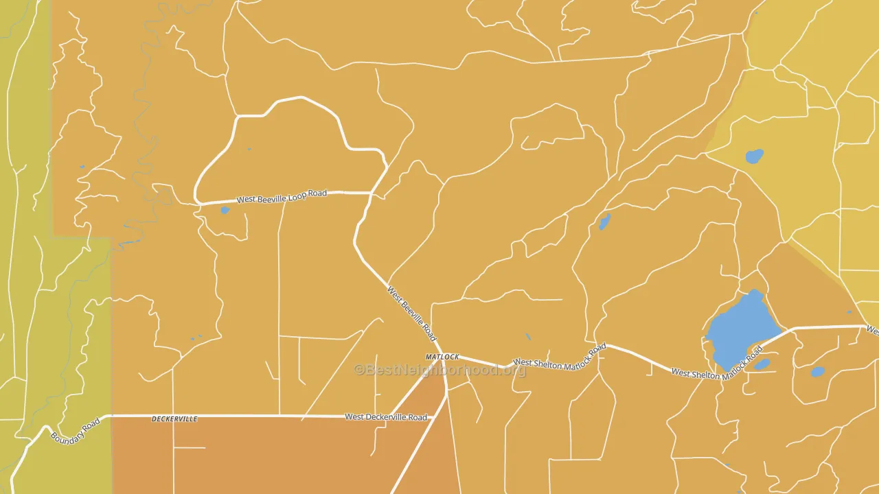 Map of the best neighborhoods in the Matlock area, with better matches in green and worse matches in red