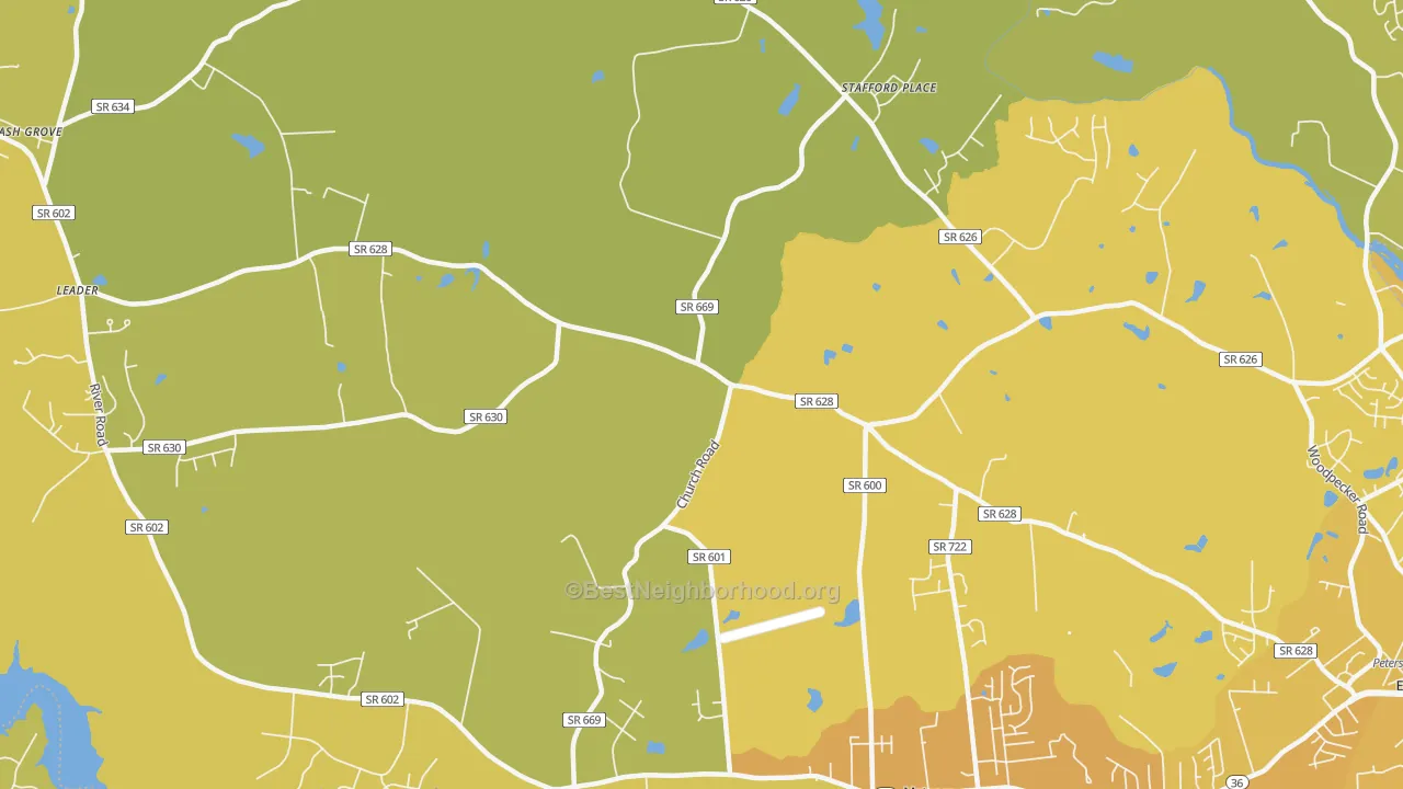 Map of the best neighborhoods in the Matoaca area, with better matches in green and worse matches in red