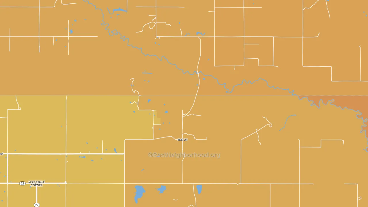 Map of the best neighborhoods in the Matoy area, with better matches in green and worse matches in red