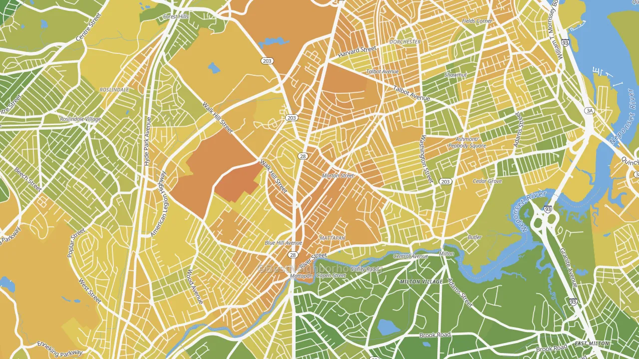 Map of the best neighborhoods in the Mattapan area, with better matches in green and worse matches in red