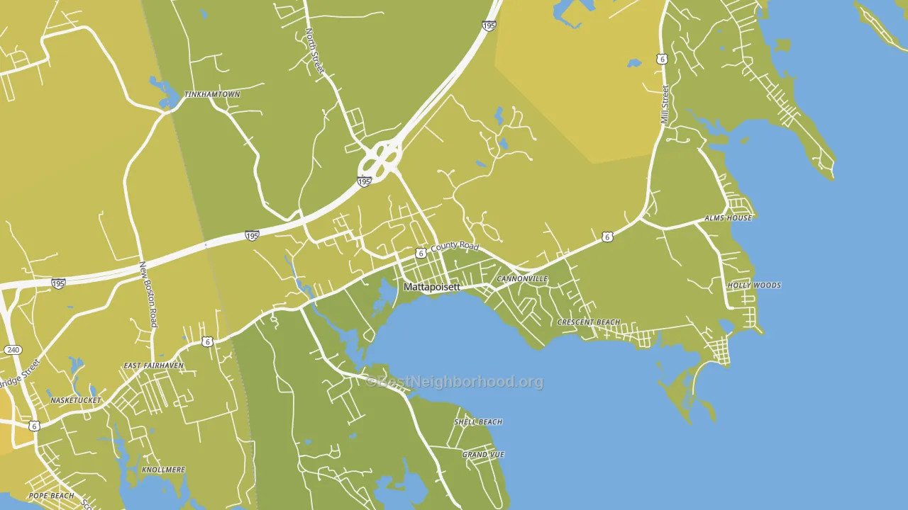 Map of the best neighborhoods in the Mattapoisett Center area, with better matches in green and worse matches in red