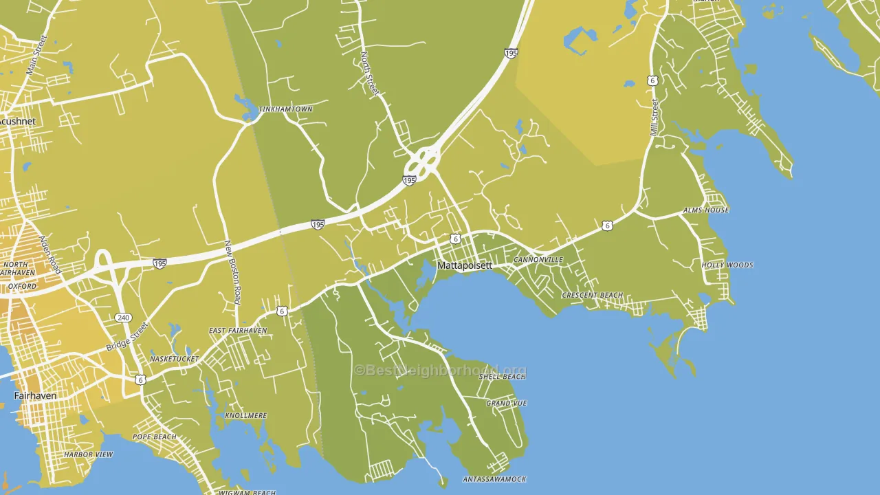 Map of the best neighborhoods in the Mattapoisett area, with better matches in green and worse matches in red