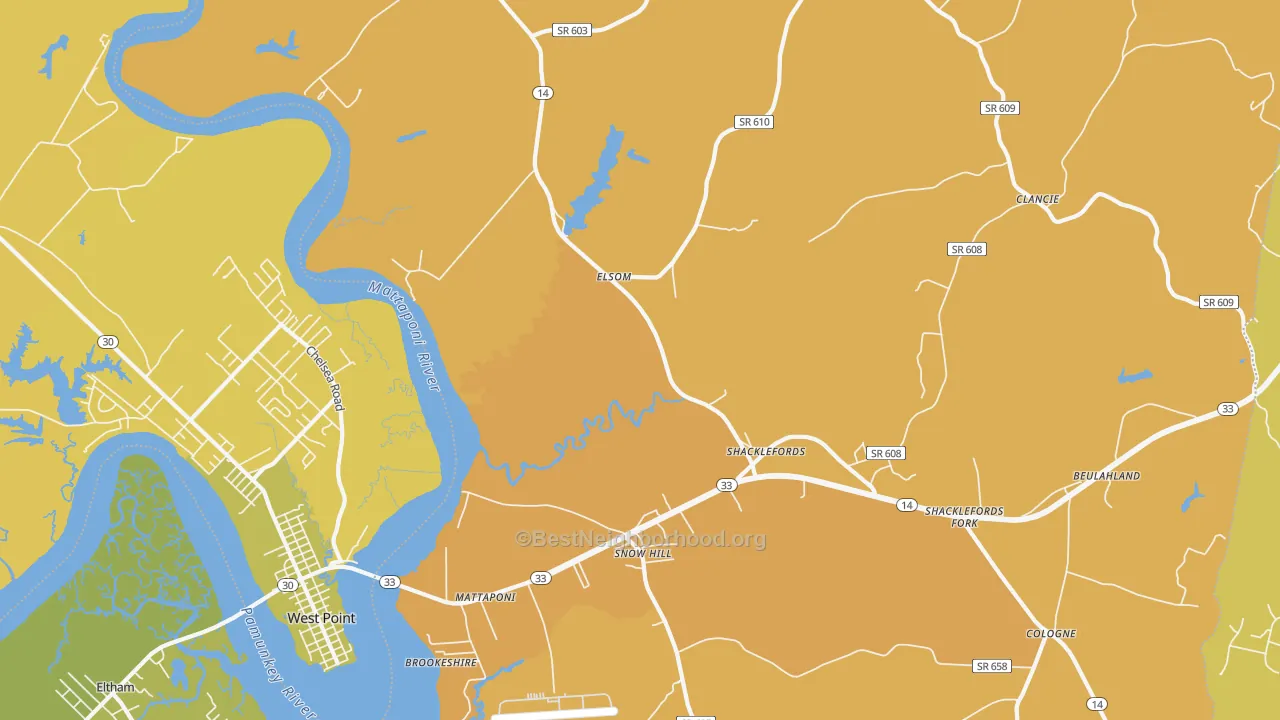 Map of the best neighborhoods in the Mattaponi area, with better matches in green and worse matches in red