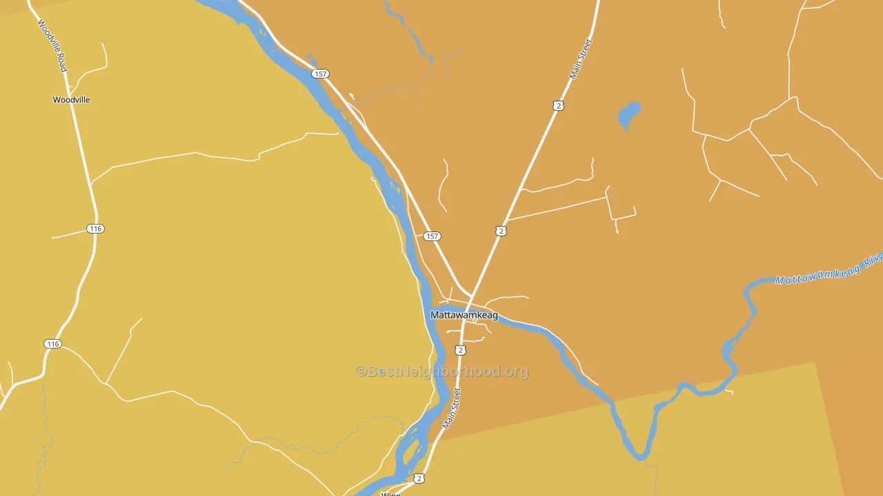 Map of the best neighborhoods in the Mattawamkeag area, with better matches in green and worse matches in red