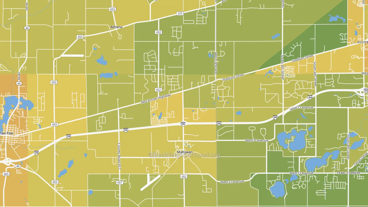 Map of the best neighborhoods in the Mattawan area, with better matches in green and worse matches in red
