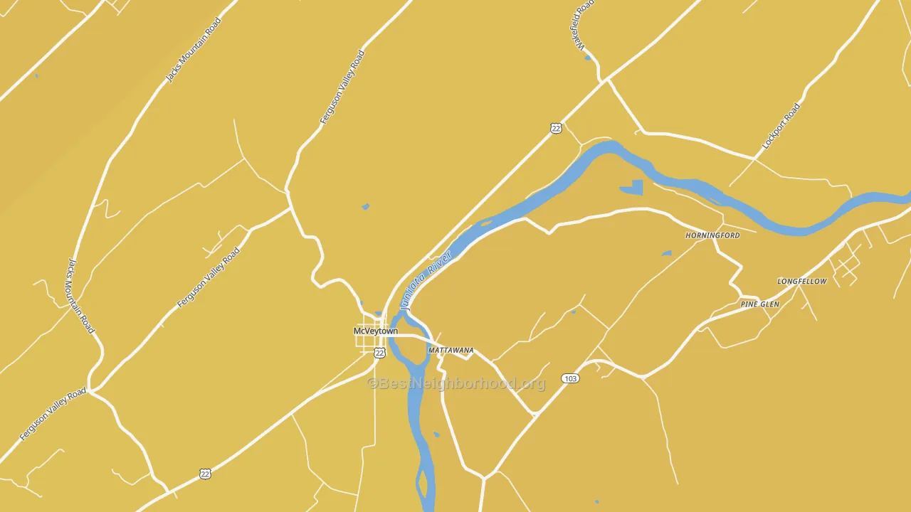Map of the best neighborhoods in the Mattawana area, with better matches in green and worse matches in red