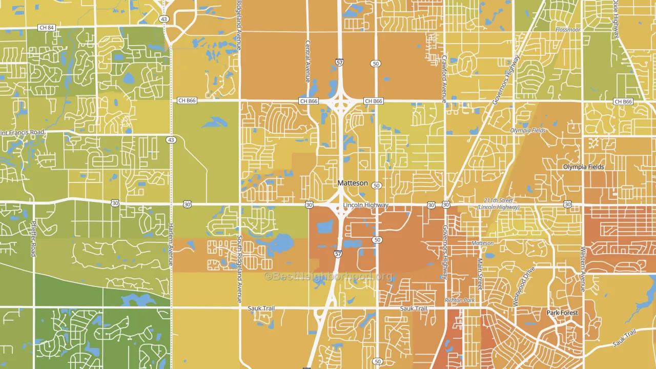 Map of the best neighborhoods in the Matteson area, with better matches in green and worse matches in red
