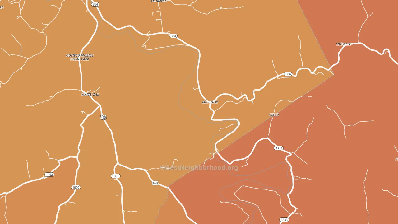 Map of the best neighborhoods in the Matthew area, with better matches in green and worse matches in red