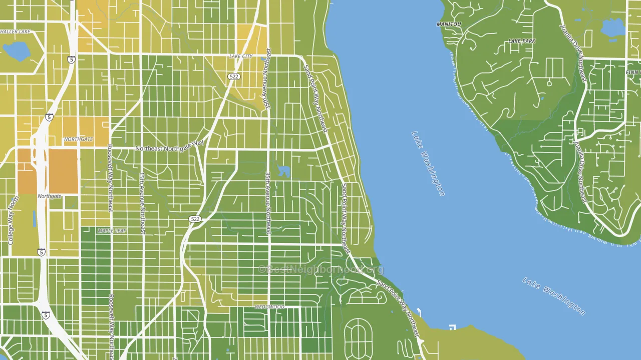 Map of the best neighborhoods in the Matthews Beach, Seattle area, with better matches in green and worse matches in red