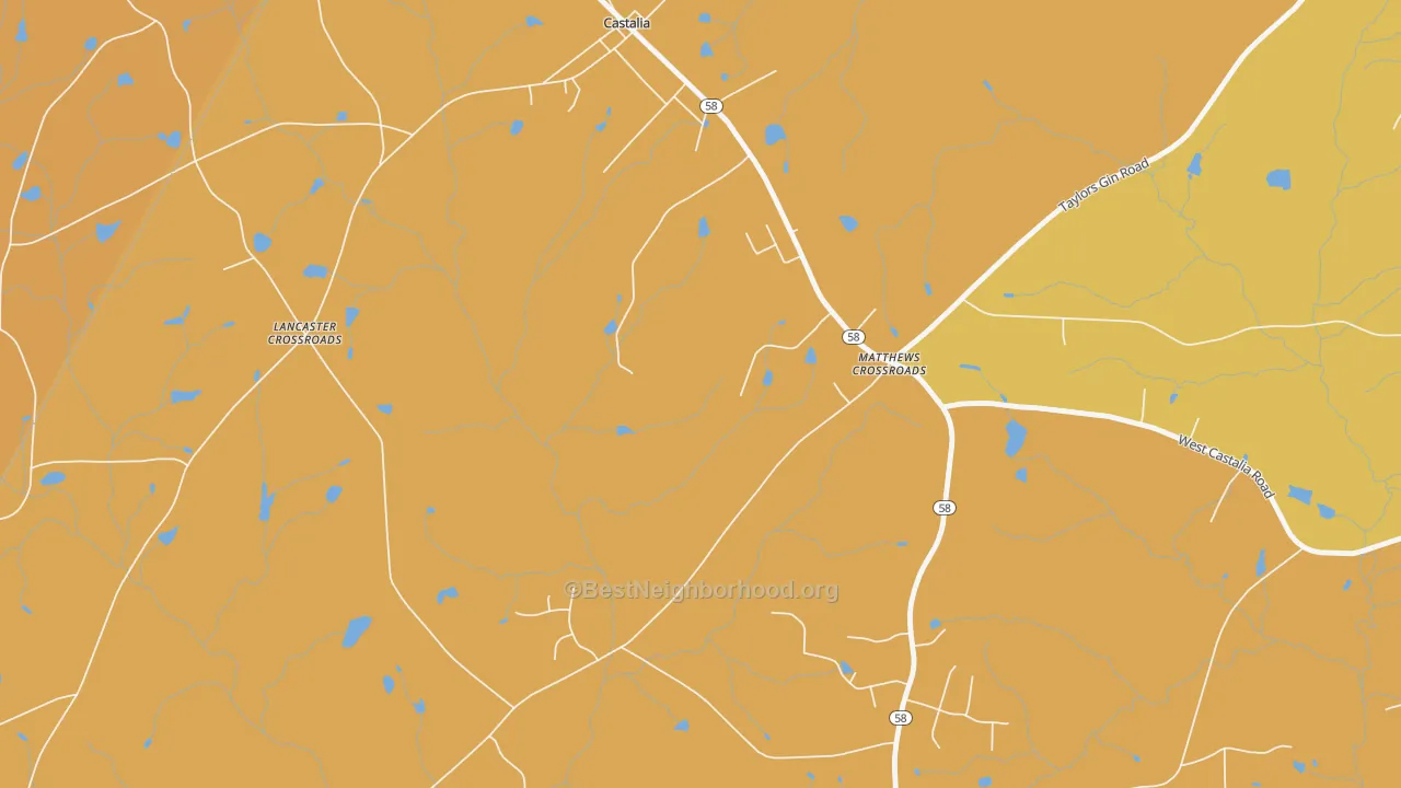 Map of the best neighborhoods in the Matthews Crossroads area, with better matches in green and worse matches in red