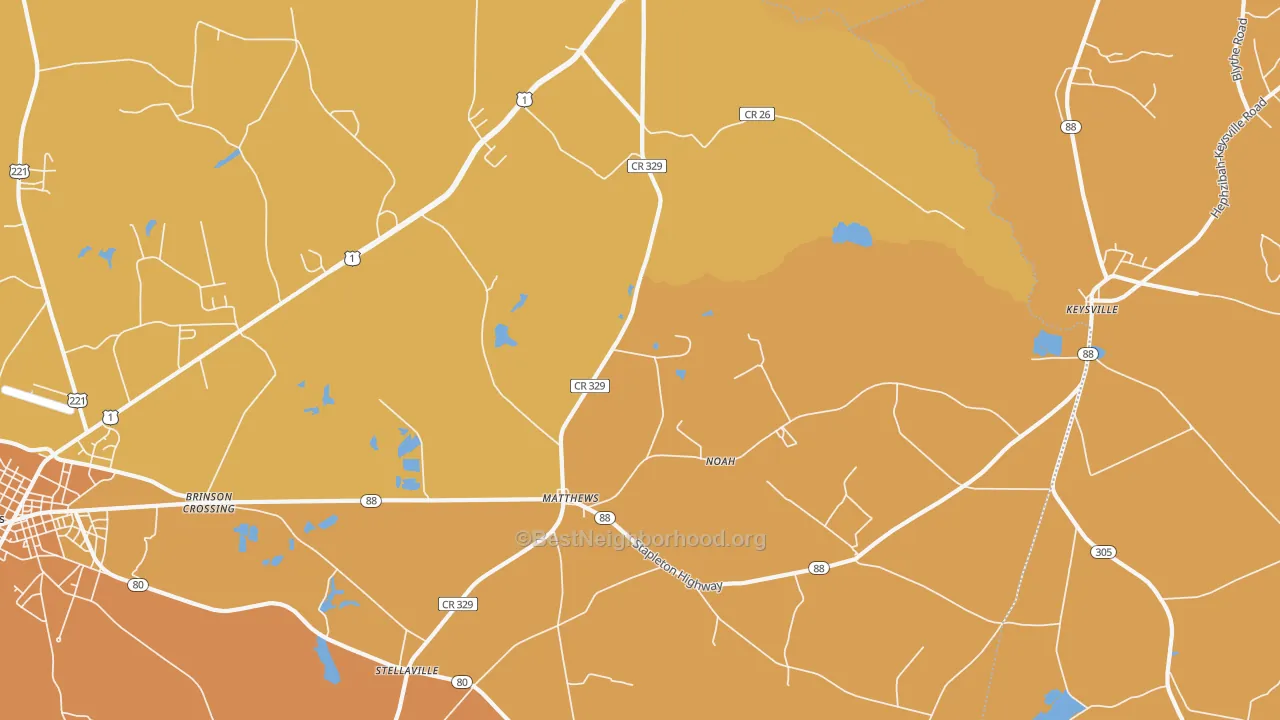 Map of the best neighborhoods in the Matthews area, with better matches in green and worse matches in red