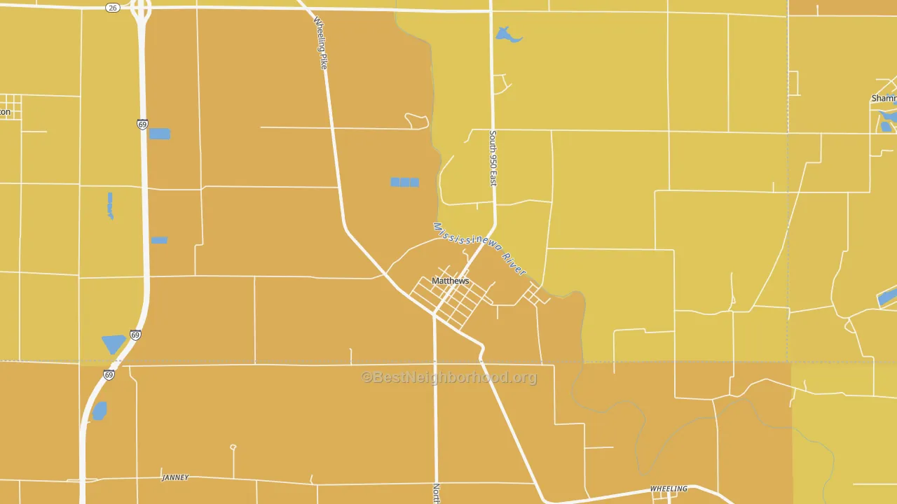 Map of the best neighborhoods in the Matthews area, with better matches in green and worse matches in red