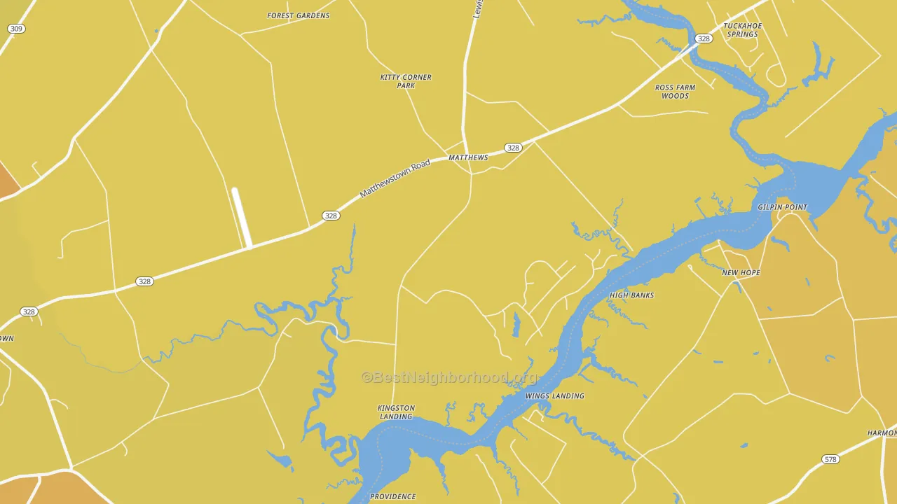 Map of the best neighborhoods in the Matthews area, with better matches in green and worse matches in red